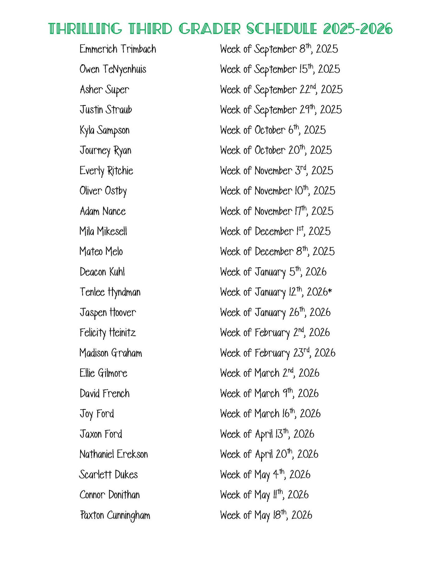 Third Grade Schedule 2025-2026